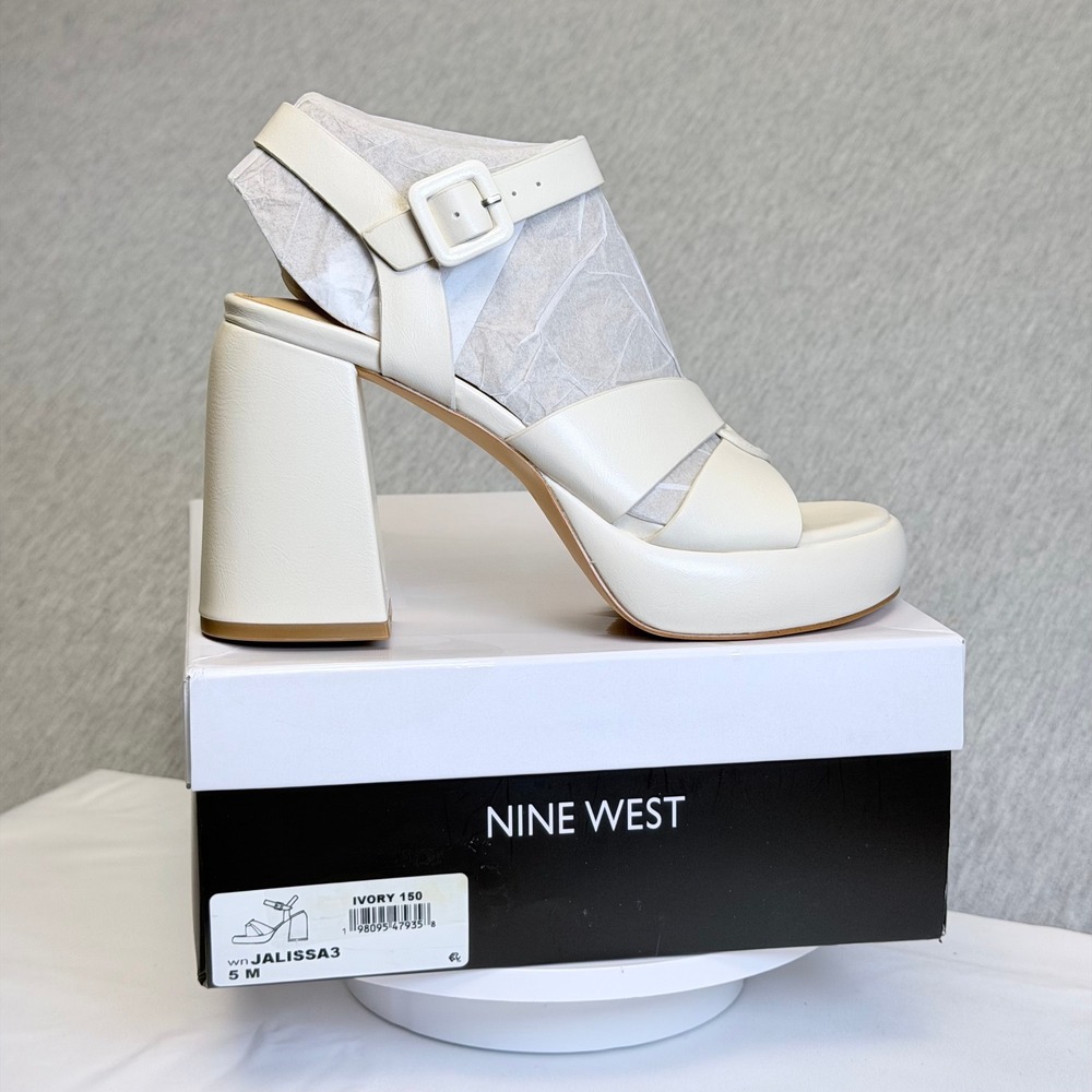 Nine West Jalissa Ivory Platform Block Heel Sandals WNJALISSA3 Size 5M